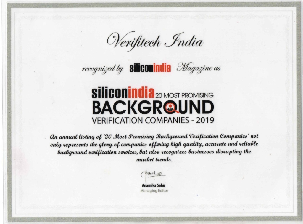 Leading Background Verification Company - Verifitech Silicon India 20 Most Promising Background Verification Companies 2019